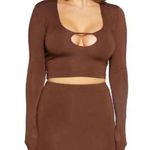 Naked Wardrobe  Smooth Keyhole Cropped Top Shirt Brown NWT Long Sleeve Photo 0