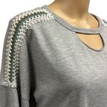 Democracy  Asymmetrical Slit Side Grey Crochet Keyhole Sweatshirt Womens Large Photo 1