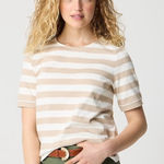 NWT J.Crew Short Sleeve Striped Button Shoulder Tee Tan White Size Small Photo 0