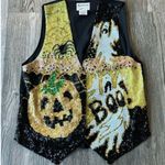 Vintage Fashion Fantasy Vest Black Sequined Halloween Vest Orange Size L Photo 0