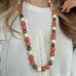 Vintage Oversized Coral White Gray Beaded Necklace “Demeter” Statement Classic Orange Photo 11