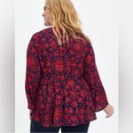 Torrid  Red & Navy Floral Lace Up Babydoll Crinkle Gauze Top Crochet detail Sz 3 Photo 2