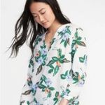 Old Navy White and Floral Relaxed Tie-Cuff Linen-Blend Blouse Photo 0
