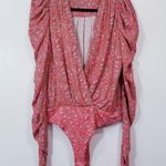 AFRM Ditsy Dana Bodysuit Puff Long Sleeves Plunging Neckline Pink Size M Photo 0