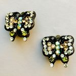 Vintage 1960s Rhinestone Butterfly Clip On Earrings Black Enamel Pastel Yellow Photo 2