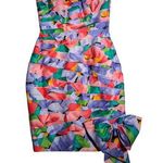 Vtg 1980s AJ Bari Purple Pink Floral Pleated Cotton Strapless Bow Mini Dress 4 Photo 0