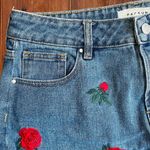 PacSun Women’s Size 28 Embroidered Medium Wash Denim Mini Skirt • Raw Edge Hem Photo 4