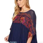 Free People  Bohemian Linen Embroidered Poncho Top Oversized Medium Summer Flowy Photo 1