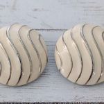 Vintage Clip On Earrings Circle with Cream Enamel & Wavy Lines Photo 1