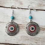 Ornate Patterned Circle Dangle Earrings Silver Tone, Red, Blue Photo 0