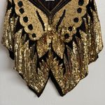 Vintage 70s Gold Black Silk Sequin Beaded Butterfly Boho Disco V Neck Drape Top Photo 2