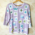 Vintage Susan Bristol purple dragon fly granny patchwork cardigan sweater L NWT Size L Photo 0