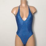 Rip Curl blue stripe plunge neck cheeky swimsuit. New Photo 7