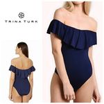 Trina Turk New. navy off shoulder ruffle top. Size 8. Retails $148 Photo 1