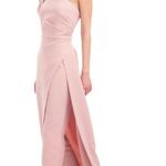 Kay Unger Pale Blush Bigou Shoulder Draped Jumpsuit Dress Stretch Crepe Size 12 Pink Photo 0