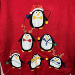 Lisa International Red Penguin Christmas Sweater Sequins and 3D Pom Poms Sz L Red Size L Photo 3