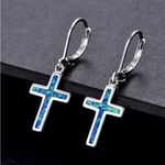 Blue Green Turquoise Teal Silver Cross Fashion Earrings Photo 1
