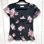 AGB Byer Collection Top Women Size Small Deep V Neck Floral Short Sleeve Blouse Black Photo 0
