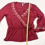 Alya Wine Wrap Womens
Top L V-Neck Floral Embroidered Bell Sleeve Cottage Boho Photo 11