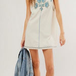 Free People  Samson Embroidered Beaded Mini Dress In Ivory/Blue Low Back Cotton Photo 0