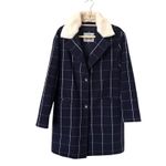 Levi's  Plaid Wool Trench Coat Faux Shearling Navy Blue Small‎ Photo 1