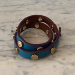 Tory Burch Double Wrap Leather Bracelet Teal Gold Logo Studs Womens Made In USA Photo 0