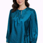Vintage Teal Satin Blouse | Long Sleeve Keyhole Neckline Draped Top Size 8 Photo 0