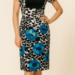 Vintage floral print black white, square neck, bubble short sleeve sheath dress Size XXS Photo 0