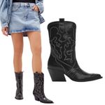 Mango  Leather Cowboy Ankle Boots with Embroidery Seams Black Size 39/ 8.5 Photo 1