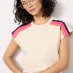 Evereve  L Large Mira Stripe Sweatshirt Tank Terry Crew Neck Relaxed Bone Cream Photo 0