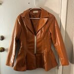 Pressed Brown Zip Up Peplum PU Jacket Swing Coat XL Boho Indie Rocker Glam Retro Photo 4