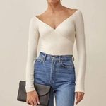 Reformation Minnie Ivory V-Neck Wrapped Knit Long Sleeve Ribbed Sweater Top XS Photo 5