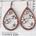 Boho Chic Wooden Teardrop Earrings with Vintage White Floral Cut Photo 2