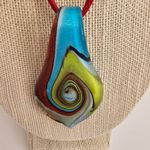 Blue Green Brown Swirl teardrop Murano blown glass large pendant suede cord Photo 2