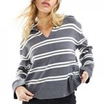 VERO MODA Aware Vneck Knitted Stripe Polo Jumper Sweater Gray and White Stripes Photo 0