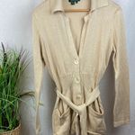 Ralph Lauren tan woven knit long sleeve button front belted cardigan, sweater L Photo 0