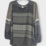 Pink Owl Black Patchwork Print Boho Blouse with Lantern Sleeves Size Medium Photo 0