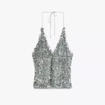 ZARA NWT  Sequin Silver Adjustable Halter Top Size Small Photo 6