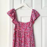 ZARA  Red Blue Floral Ruffle Shoulder Crepe Midi Tunic Prairie Dress Medium Photo 12