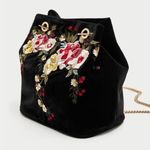 ZARA Velvet Embroidered Floral Bucket Bag Gold Chain Photo 0
