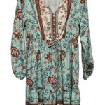 Source Unknown Unknown Brand Women's Light Teal Brown Long Sleeve V-Neck Boho Dress Size L Photo 0