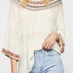 Free People  Embroidered Knit Tunic Top Cream Multi Color Bell Sleeve Boho Size S Photo 0