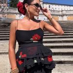 ZARA NWT STUNNING Floral Ruffle Black Top with Red Flowers - Sz Medium Photo 4