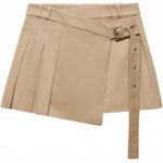 Mango Cotton Wrap Buckle Asymmetric Pleated Mini Skirt Beige NWT FLAW 4 Photo 1