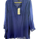 Eileen Fisher Medium Petite 100% Silk Tunic Long Top Sapphire Blue Sheer NWT Photo 0