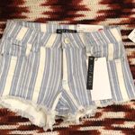 NEW NWT Micro Mini Baddie Hot Girl Low Rise Denim Jean Blue White Stripes Booty Shorts Frayed Hem #grunge #punk #retro #clubbing #festival Size 0 Photo 0