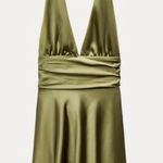 ZARA  dress halter open back tie bow Elegant Olive Green Satin wedding party Photo 10