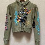 Ed Hardy  Women's Butterflies Cropped Zip Up Hoodie Olive Color Size Medium Photo 0