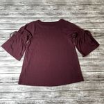 Loft Casual Knit Shirt Blouse Top Crewneck Tie Slit Mid Sleeves Burgundy XXS 2XS Photo 3