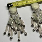 Handmade Beaded Statement Silver Tone Stone /Bead Clip On Earrings Dangle Fringe Photo 9